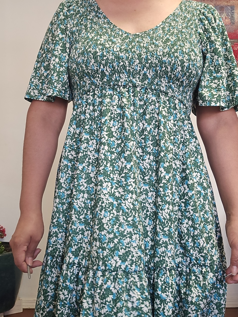 UEAL Green Floral Short Sleeve V Neck Flutter With Pockets Spring Summer Dress - Picture 6 of 8